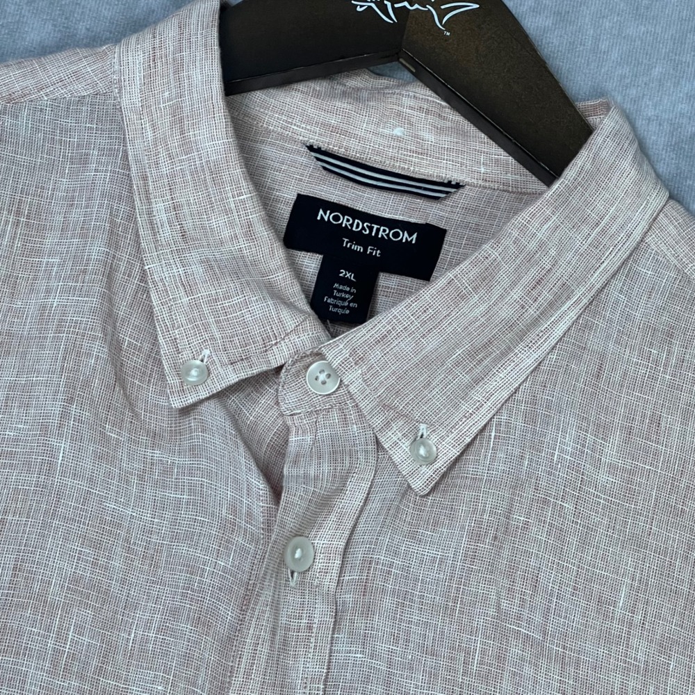 Nordstrom Trim Fit Mens 2XL Linen Short Sleeve Button Down Shirt Pink‎
